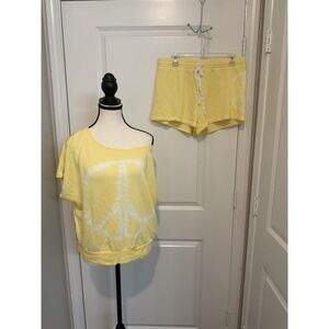 PJ Salvage Anthropologie Peace Sign Lounge Set Butter Yellow Shorts & Top Size L